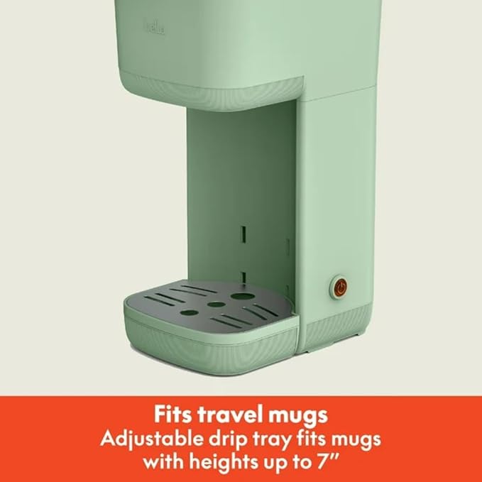 Single-Serve Bella Coffee Maker – Compact 6oz–14oz Brewer for Ground Coffee or Pods, One-Touch Operation, Adjustable Drip Tray, 35oz Water Tank, Travel Mug Friendly, Dishwasher-Safe Parts (Seaglass)