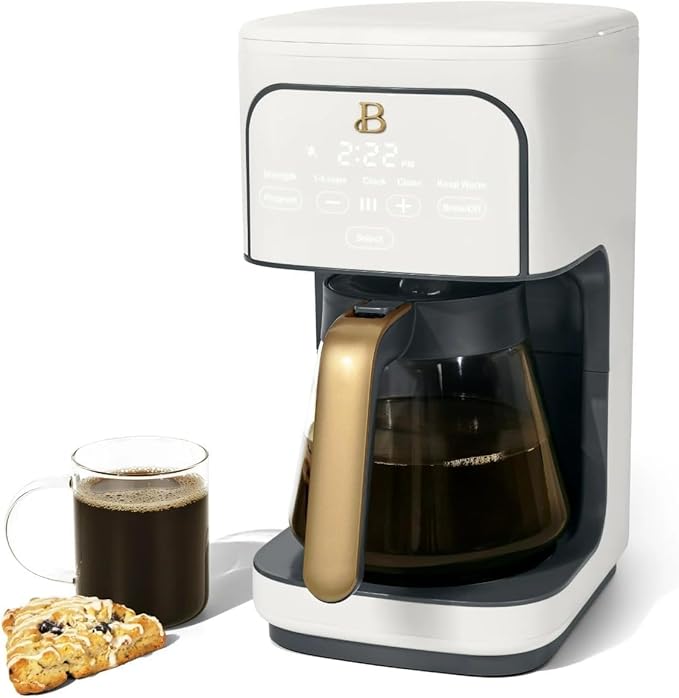 Beautiful 12 Cup Programmable Coffee Maker, Drip Coffee Machine with Glass Carafe, Automatic Brew Strength Control, Espresso Maker Function, Compact Espresso Machine (White Icing)