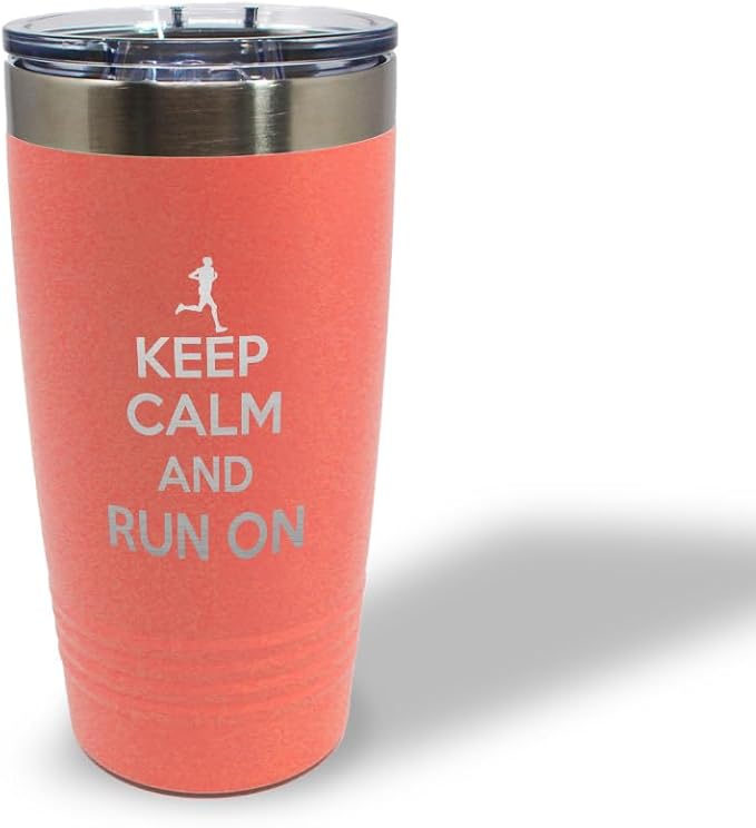 Stainless-Steel Engraved Travel Mug Tumbler 20 Oz Keep Calm and Run on Thermal Coffee Cup Coral