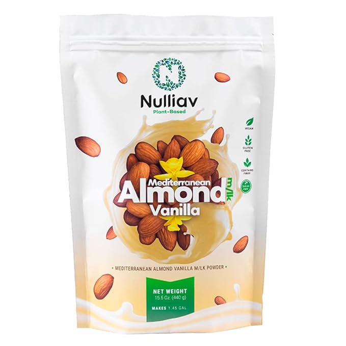 NULLIAV | Almond Milk Powder Vanilla - High Protein Blend with Prebiotic Fiber powder For Gut Health and Digestion - Vegan Plant Based Dairy Free Formula For Lactose Intolerance - 15.5oz Bag Portable Convenient