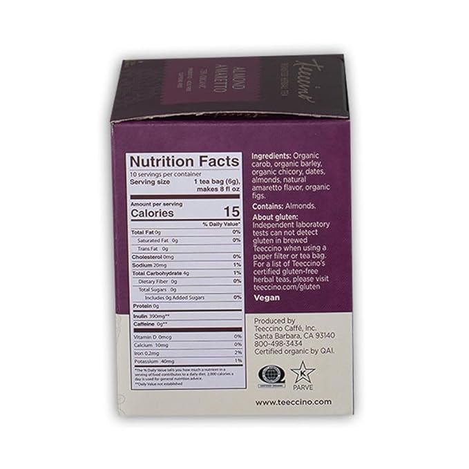 Teeccino Herbal Tea - Almond Amaretto - Rich & Roasted Herbal Tea That's Caffeine Free & Prebiotic for Natural Energy, 10 Tea Bags