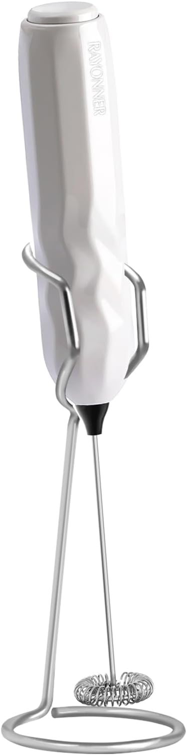 RAYONNER Milk Frother Handheld Fast Powerful Drink Mixer with Stainless Steel Whisk for Coffee, Battery Operated (White with Stand)