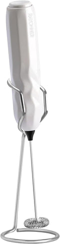 RAYONNER Milk Frother Handheld Fast Powerful Drink Mixer with Stainless Steel Whisk for Coffee, Battery Operated (White with Stand)