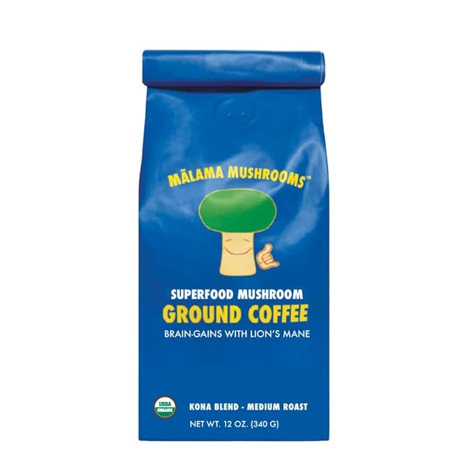 Malama Organic Mushroom Coffee, Adaptogenic Mushroom Coffee with Lion's Mane for Focus, Memory & Inmune Support – Blended with Organic Kona Roast | 12oz Bag