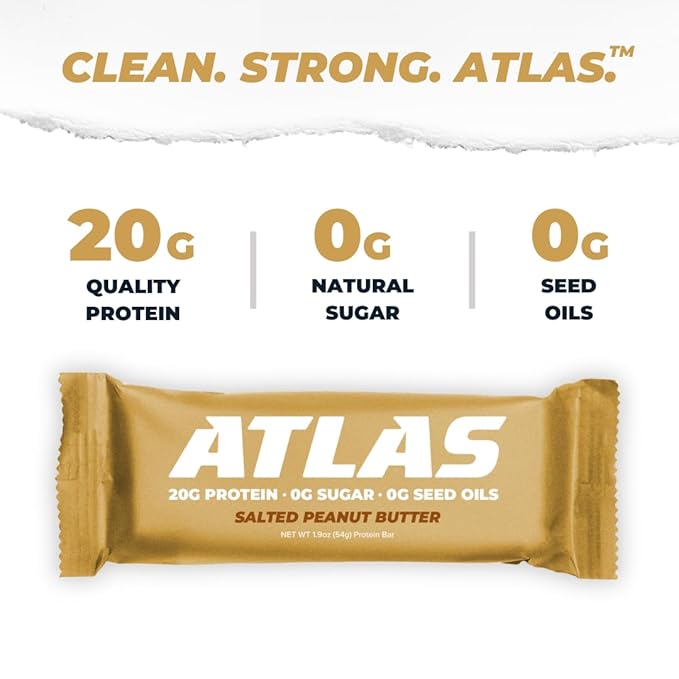 Atlas Bar – 20g Protein, 1g Sugar, 0g Seed Oils, 0g Artificial Sweeteners (Salted Peanut Butter, 36 Count)