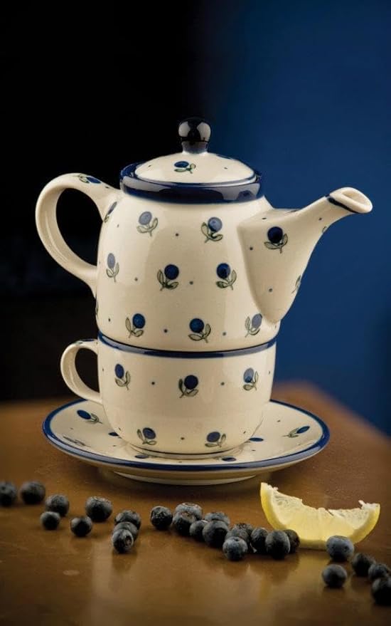 Blue Rose Polish Pottery - Blueberry Tea for One - 2 Cup Capacity - Decorative Teapot with Matching Cup, Unique Gift for Tea Lovers and Collectors