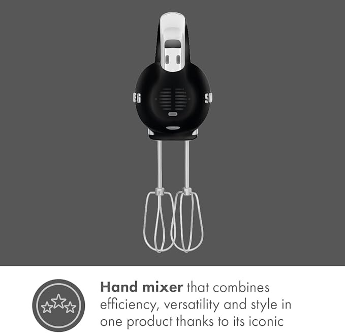 SMEG Black 50's Retro Style Electric Hand Mixer with Set of Beaters, Set of Dough Hooks and Set of Whisks