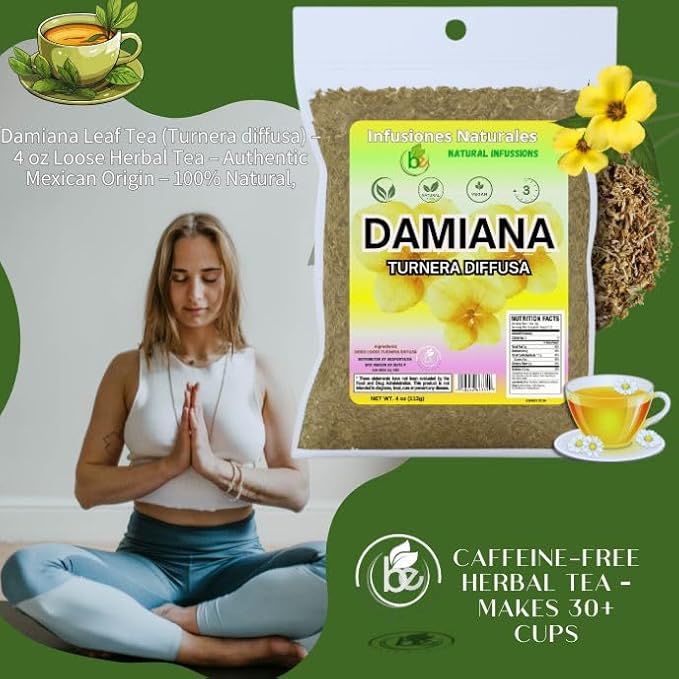 Damiana Leaf Te – 4 oz (113g) Loose Herbal Tea + Stainless Steel Tea Infuser – 100% Natural Turnera diffusa – Authentic Mexican Origin – Caffeine-Free, Non-GMO, Gluten-Free, Vegan By Bexpertsusa