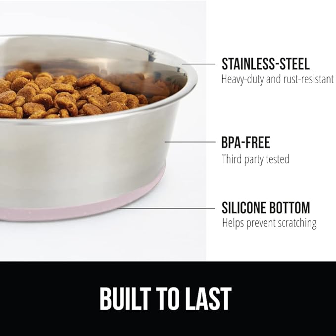 GORILLA GRIP Dog Bowls, Holds 4 Cups Each (32 fl oz), Heavy Duty Stainless Steel Food and Water Bowl for Feeding Dogs and Cats, Dishwasher Safe, Rust Resistant, BPA Free Rubber Base, Set of 2 Pink