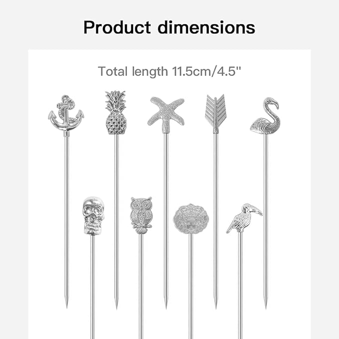 Martini Cocktail Picks Reusable Olive Picks Garnish Skewer Fruit Toothpicks Set of 9 (Silver)