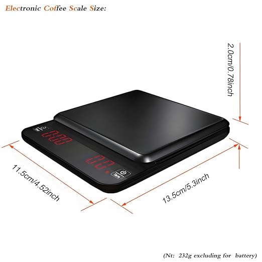 Portable Mini Digital Coffee Scale Electronic Kitchen Scale with Timer Function and Led red Letter high Clear Display Screen,3.0Kg Max D0.1g Dual Power Dry Battery or Rechargeable.Black