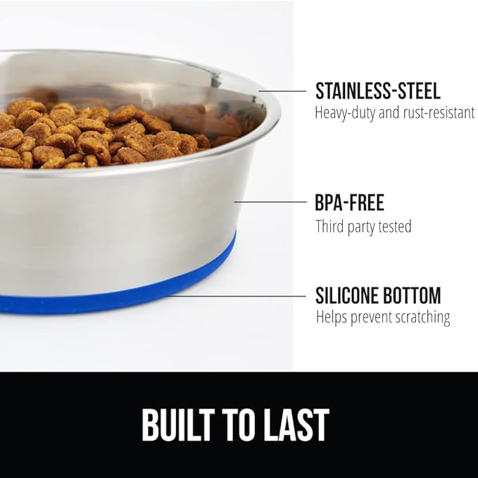 GORILLA GRIP Dog Bowls, Holds 1 Cup Each (8 fl oz), Heavy Duty Stainless Steel Food and Water Bowl for Feeding Dogs and Cats, Dishwasher Safe, Rust Resistant Metal, BPA Free Rubber Base, Set of 2 Blue