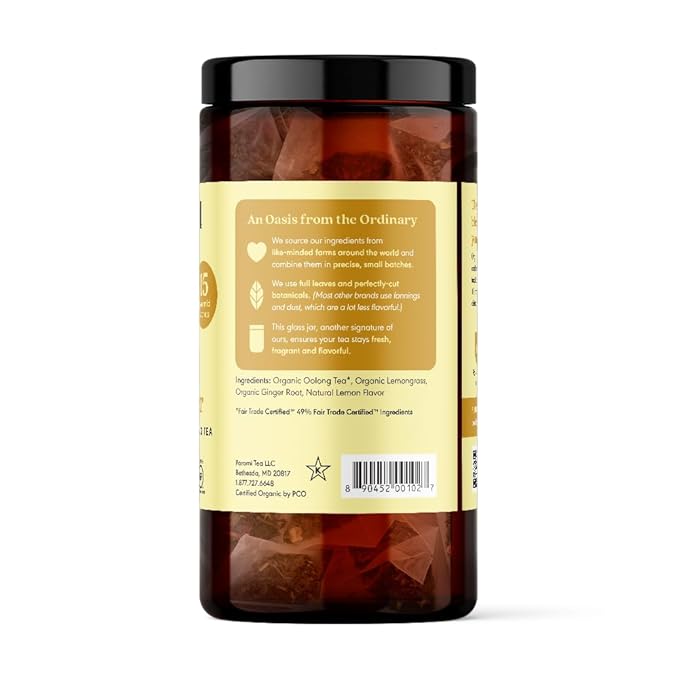 Paromi Lemon Ginger Organic Oolong Tea, Signature Jar, 15 Count
