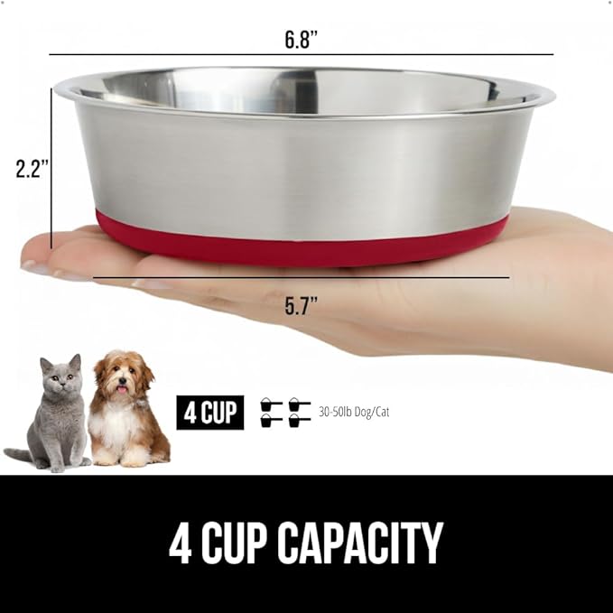 GORILLA GRIP Dog Bowl, Holds 4 Cups (32 fl oz), Heavy Duty Metal Food and Water Bowl for Feeding Dogs and Cats, Easy Clean, Dishwasher Safe, Rust Resistant Stainless Steel, BPA Free Rubber Base, Red