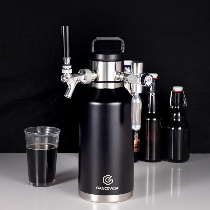128oz Double-Walled Mini Keg Growler, Stainless Steel Vacuum Insulated Home Dispenser System with Detachable Faucet & Regulator Keeps Homebrew, Craft, and Draft Beer Carbonated and Fresh