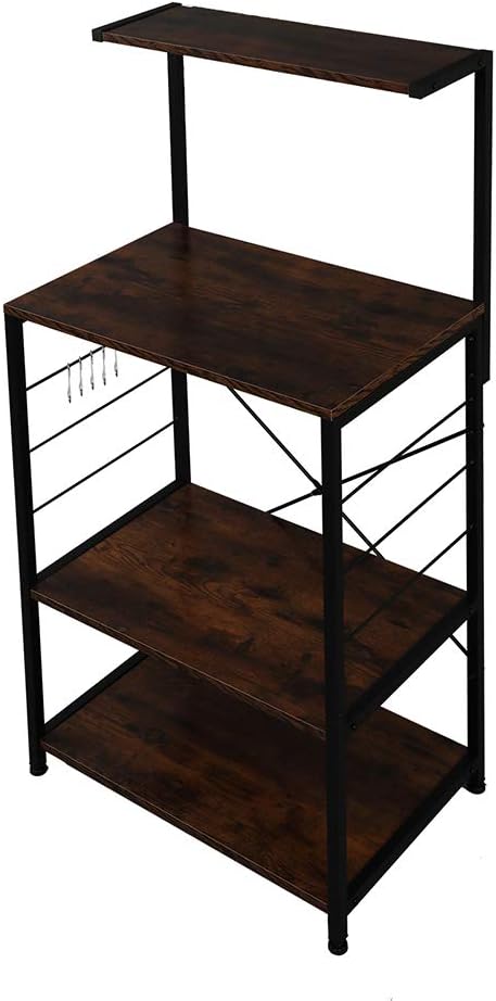 Kitchen Bakers Rack with Storage Shelves, Small Coffee Bar Table with 4 Hooks, 4 Tiers Microwave Stand Station with Adjustable Shelves, Freestanding Kitchen Appliance Organizer