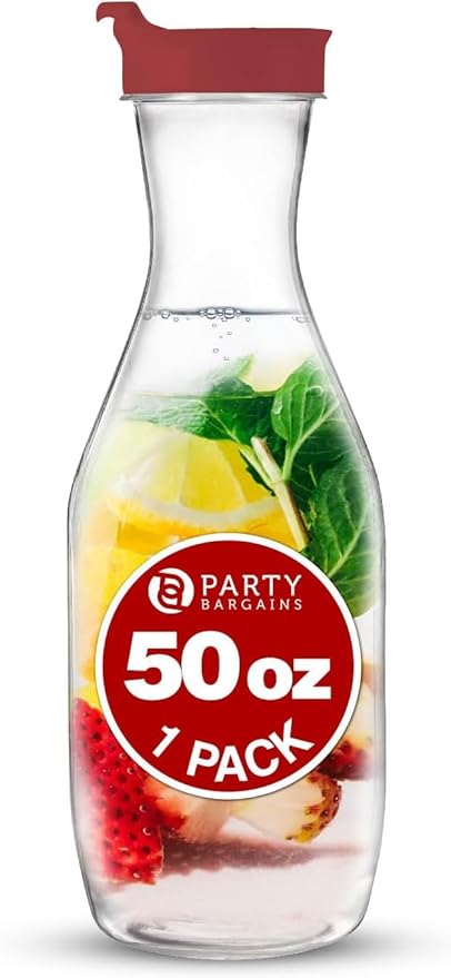 PARTY BARGAINS 50 oz. Plastic Carafe with Lids - Clear, 1 Count, Red Flip Tab Lid Premium Quality & Heavy Duty Plastic Pitcher for Iced Tea, Powdered Juice, Cold Brew, Mimosa Bar Red Cap