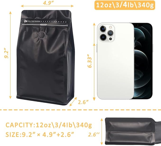 REMTAP Coffee Bags with Valve(50pcs,12 oz,3/4 lb) balck High Barrier Aluminumed Foil Flat Bottom Standing Coffee Beans Storage Bags,Reusable Heat Sealable Side Zipper Pouches for Home or Store