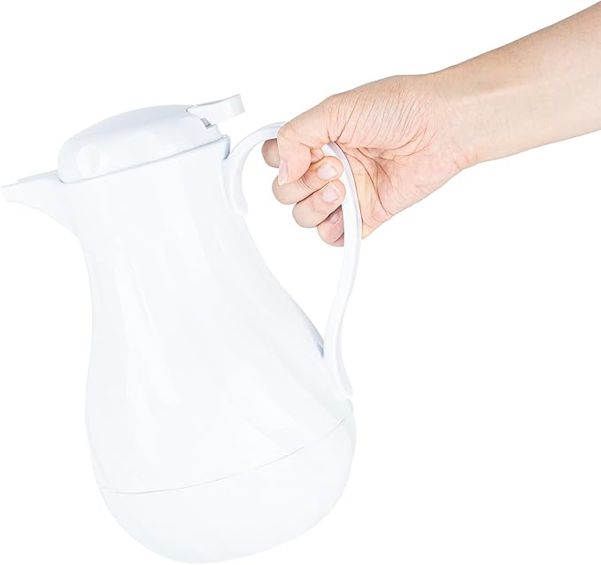 Restaurantware-Restpresso 42 Ounce Coffee Carafes, 10 Insulated Coffee Servers - Push-Button Top, Swirl Design, White Plastic Pitchers, Built-In Handle, With Identification Tags