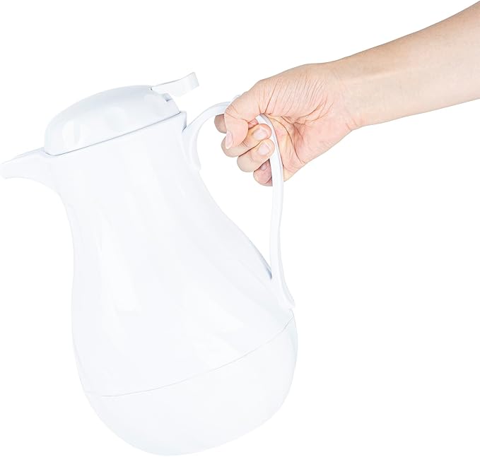 Restaurantware-Restpresso 64 Ounce Coffee Carafe, 1 Insulated Coffee Server - Push-Button Top, Swirl Design, White Plastic Pitcher, Built-In Handle, With Identification Tags