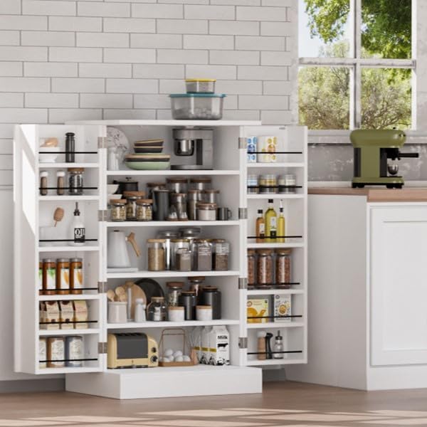 VINGLI Pantry Cabinet, 40.5" H Food Storage Freestanding Cupboard for Small Space in Dining Room, Living Room, White Kitchen Storage Cabinet with 2 Doors and Adjustable Shelves