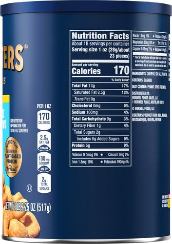 PLANTERS Deluxe Salted Whole Cashews, Party Snacks, Plant-Based Protein, Quick Snack for Adults, After School Snack, Roasted Cashew Flavored with Sea Salt, Bulk Nuts, Kosher, 1 lb 2.25oz Canister