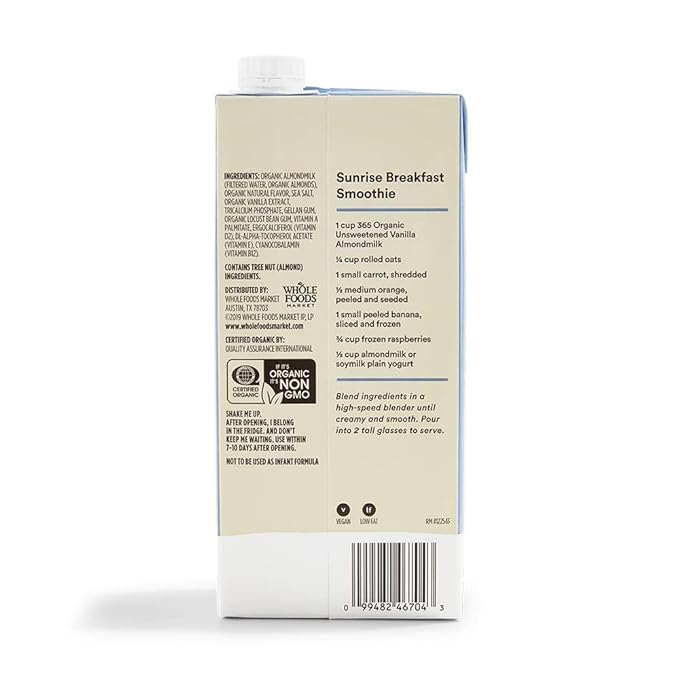 365 by Whole Foods Market, Organic Unsweetened Vanilla Almond Milk, 32 Fl Oz (Pack of 2)