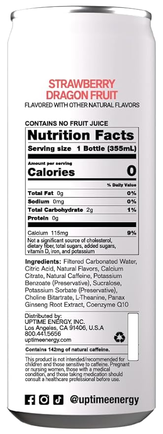 UPTIME Energy Drink, Strawberry Dragon Fruit Sparkling, 12 Pack, L Theanine, Calcium, Zero Sugar Energy Drinks for Focus Support, 142mg Natural Caffeine, 0 Calories, Natural, 12 fl oz Cans