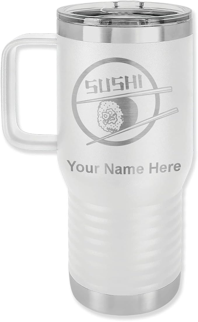 LaserGram 20oz Vacuum Insulated Travel Mug with Handle, Sushi, Personalized Engraving Included (White)