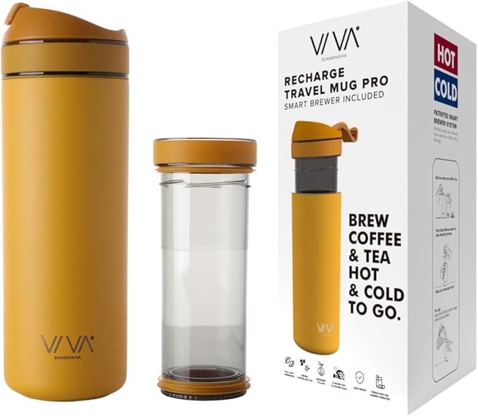 VIVA Recharge Mustard Insulated Tea & Coffee Mug & Travel French Press Coffee Maker, 16 oz, Brew & Drink From the Same Coffee Mug On the Go or Camping