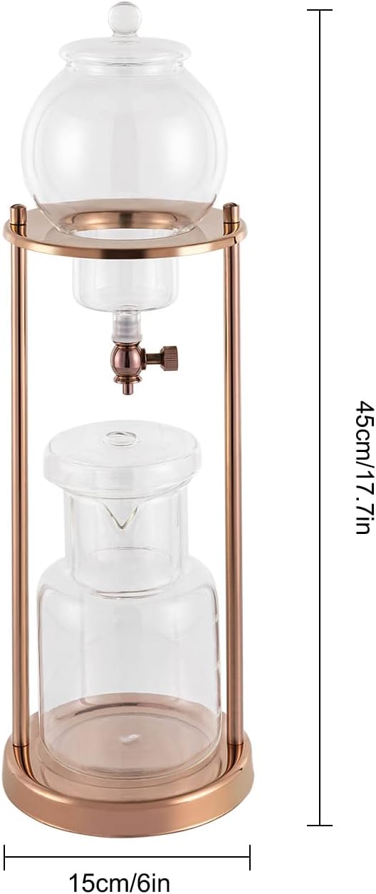 Ice Drip Coffee Maker, 600ml/20.29oz Luxury Cold Brew Coffee Maker in Stainless Steel and Borosilicate Glass, Retro-Style Coffee Maker For Serving 6-8 People At One Time (Gold)