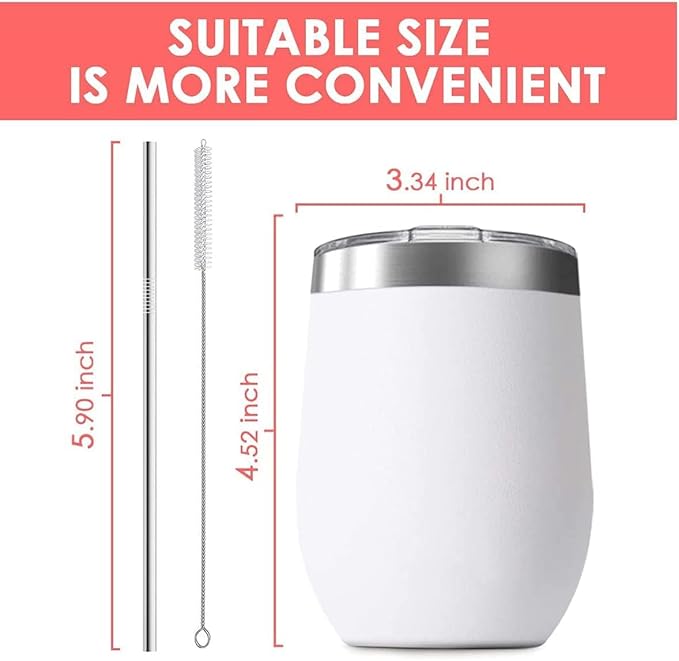 12oz Wine Tumbler with Lid With straw Stainless Steel Wine Tumbler Cups Double Wall Vacuum Insulated Travel Mugs Stemless Cup 12 Pack（Black