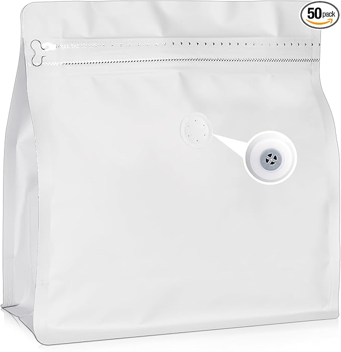 50 Count 16oz Coffee Bags with Valve,1lb Vented Coffee Beans Packaging Bags High Barrier Aluminumed Foil Flat Bottom Heat Sealed Side Zipper Resealable Storage Bag for Home or Business（White）