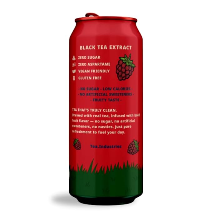 Tea Industries Black Tea with Raspberry Iced Tea – Sugar Free, Low Calorie Refreshing Drink, Natural Fruity Flavor, 16oz Cans (12-Pack)