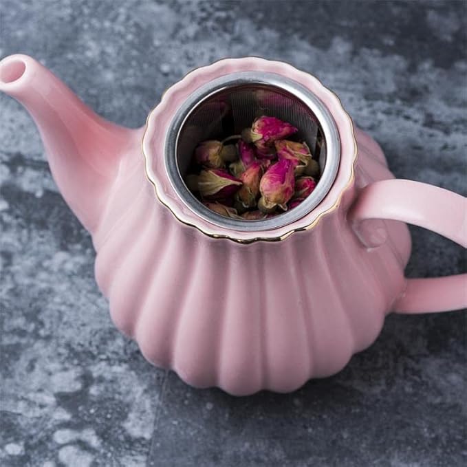 YBK Tech Strengthen Porcelain Teapot, 31oz Coffee Pot Ceramic Teapot- Stripe Design (Pink)