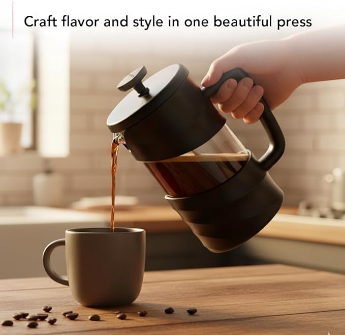 OVENTE French Press Coffee Maker 20 Ounce with Heat Resistant Borosilicate Glass & Stainless Steel 4-Level Filtration System, Portable Cold Brew Coffee Maker for Travel, Camping or Gift, Black FPW20B