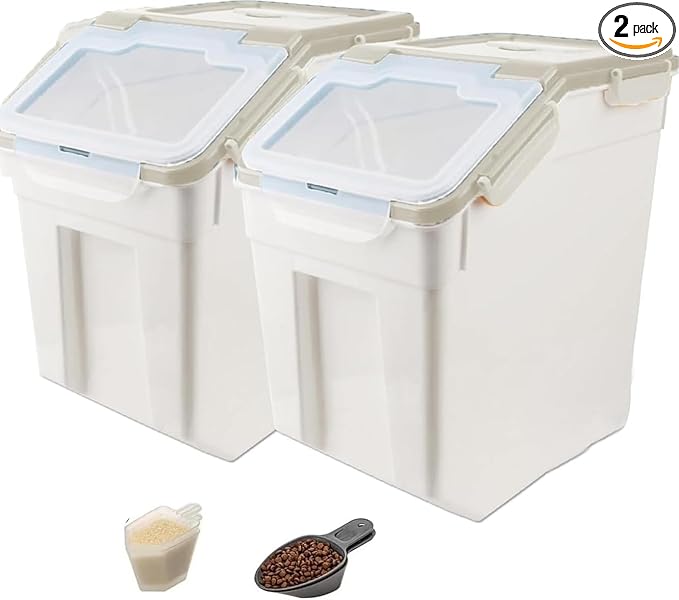 YXQ 50LB Large Flour Storage Container Bin,2 Pack Airtight Plastic with Wheels Seal Locking Lid Dispenser Organizer Bin with Measuring Cup & Scoop for Flour, Rice, Grain 100LBS Total Capacity(Grey)