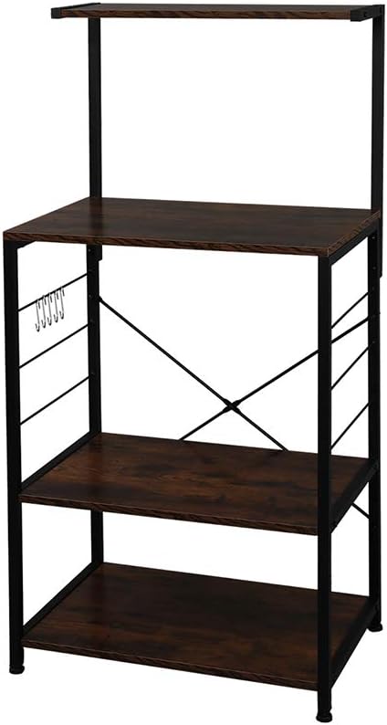 Kitchen Bakers Rack with Storage Shelves, Small Coffee Bar Table with 4 Hooks, 4 Tiers Microwave Stand Station with Adjustable Shelves, Freestanding Kitchen Appliance Organizer