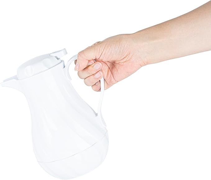 Restaurantware-Restpresso 20 Ounce Coffee Carafe, 1 Insulated Coffee Server - Push-Button Top, Swirl Design, White Plastic Pitcher, Built-In Handle, With Identification Tags