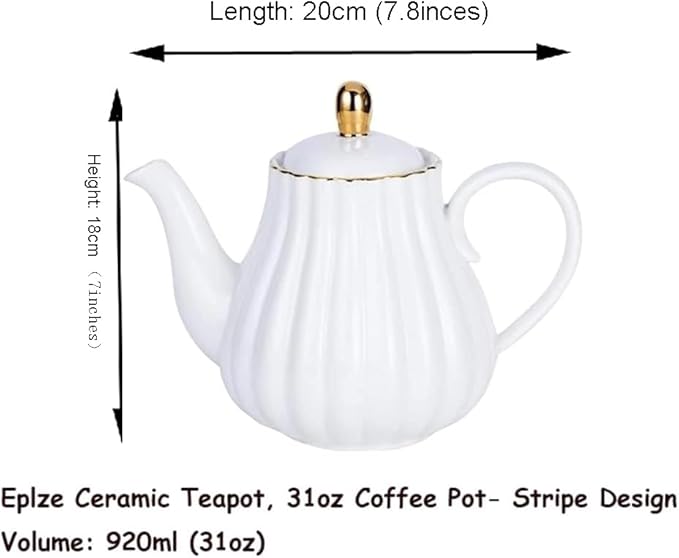 YBK Tech Strengthen Porcelain Teapot, 31oz Coffee Pot Ceramic Teapot- Stripe Design (White)