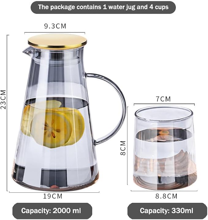 5-Pcs Glass Pitcher Set Jug with 4 Water Glasses Tumbler Cups Lid Carafe Jug with Spout Handle for Hot/Cold Tea Beverage
