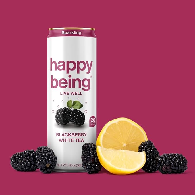 Happy Being Sparkling Nutrient-Rich Blackberry Citrus White Tea – Infused with Turmeric, Elderberry, Vitamin D3, Caffeine Free, Plant-Based, Low Calorie & Low Sugar Drinks, 12oz (4 Pack)