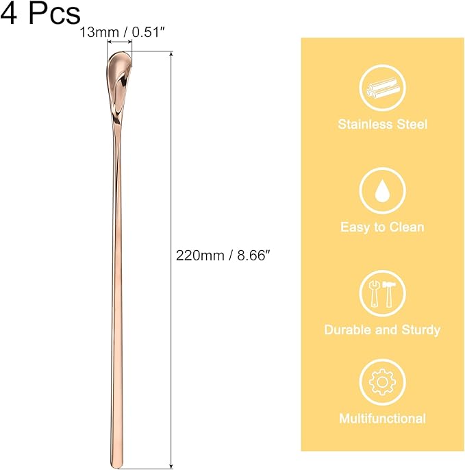 uxcell 4Pcs Stainless Steel Mixing Spoon 8.7 Inch Cocktail Stirrer Bar Spoon Drink Stirring Spoon with Long Handle for Bar Cocktail Ice Tea, Rose Gold