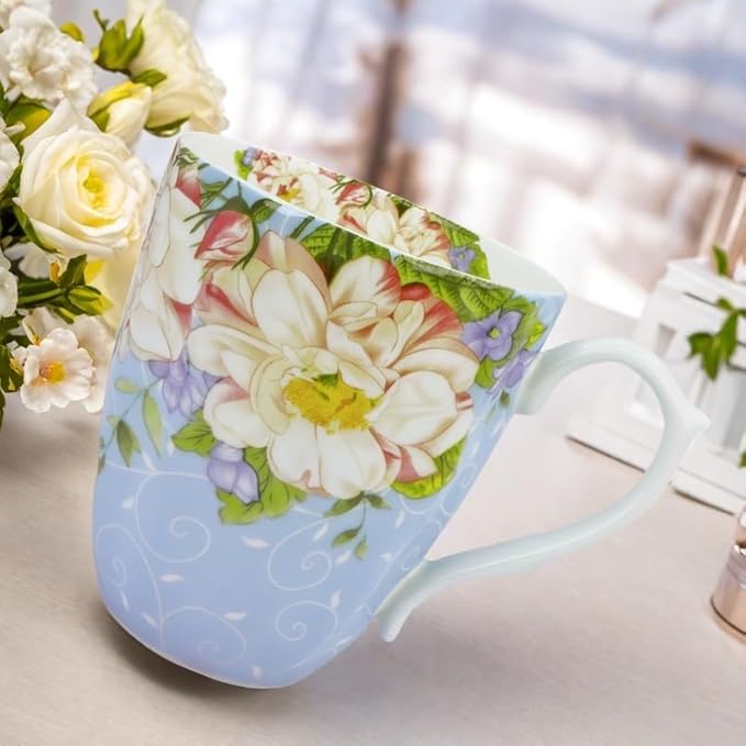 14oz Bone China Coffee Mugs for Women Floral Coffee Mug Tea Cups Novetly Coffee Cups Gift for Women Mom Friends