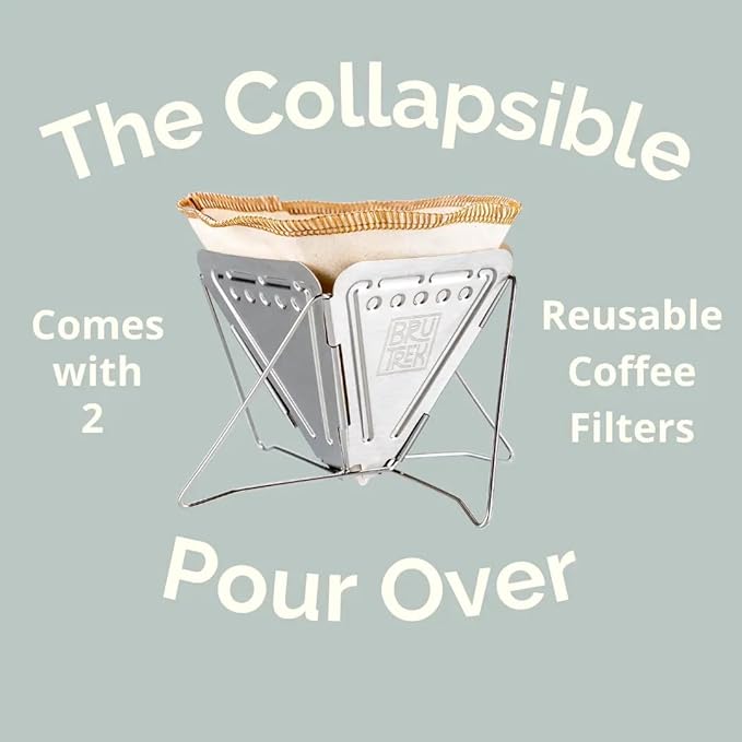 BruTrek Collapsible Pour Over Camping Coffee Maker - Stainless Steel Travel Brewing Kit, Reusable Cotton CoffeeSock Filters, Canvas Pouch Carrying Bag, Compact Packable Lightweight Design