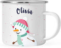 Andaz Press Personalized Name 11oz. Kids Christmas Hot Chocolate Stainless Steel Campfire Coffee Mug, Charming Snowman Aqua Scarf, 1-Pack, Custom Birthday Xmas Cup Kids Mugs For Hot Chocolate
