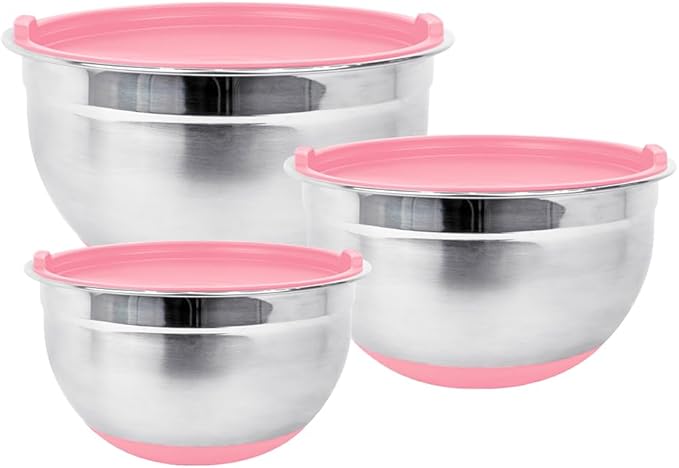 Stainless Steel Mixing Bowls with Lids and Non Slip Bases (Set of 3, Pink)