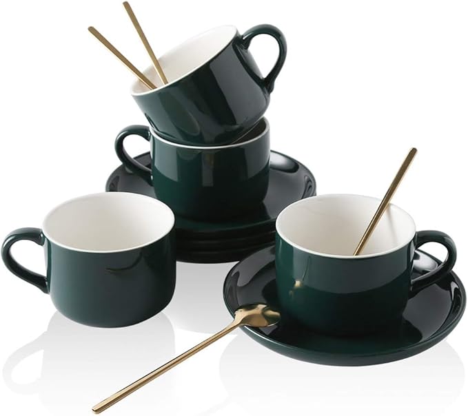 Coffee Cups and Saucers Set of 4 with Stainless Steel Spoons, 8oz Ceramic Cappuccino Cups Set, Green Durable Porcelain Cups for Tea, Latte, Mocha