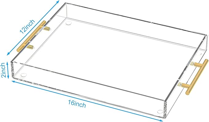 HIIMIEI Acrylic Serving Tray 12x16 Inch, Clear Trays with Gold Handles, Decorative able Tray for Coffee, Appetizer, Breakfast, Bathroom, Vanity