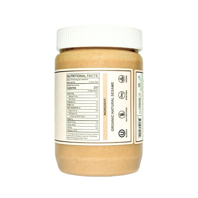 Organic Tahini Paste 16 oz (1lb) - Unhulled White Sesame Tahini Dressing - USDA Certified, Gluten Free, Kosher - Creamy Organic Tahini Sauce for Dressigns, Dips, Spreads & Hummus - The Holly Tree
